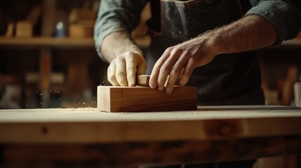 Carpenter sanding a wooden shelf. Featuring woodworking and finishing