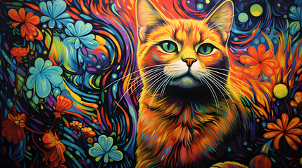 orange tabby cat with psychedelic background abstract decorative painting