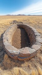Stone-lined pit in a dry grassland under a blue sky with faint clouds