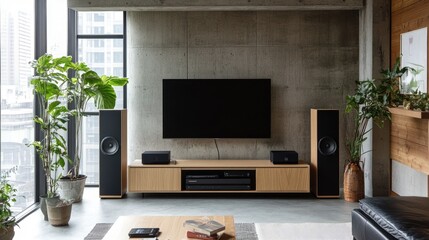 Wall-mounted smart TV above a sleek sound system and media cabinet