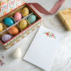 colourful eggs for easter day celebrations with  gift boxes and blank note