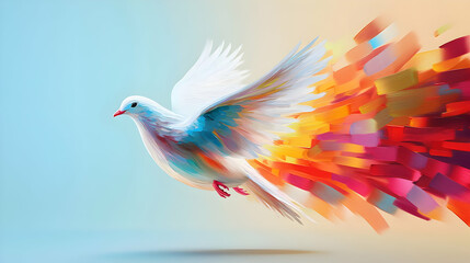 A White Dove With Colorful Abstract Wings Soaring Gracefully in Flight Against A Soft Gradient Background