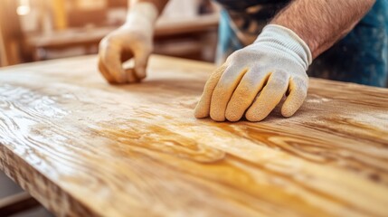 Carpenter sanding a wooden table. Featuring furniture finishing and woodwork