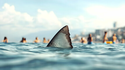 Fototapeta premium A Shark Fin Emerging From Blue Ocean Water Near Swimmers at a Crowded Beach With City Buildings in Background on a Sunny Summer Day