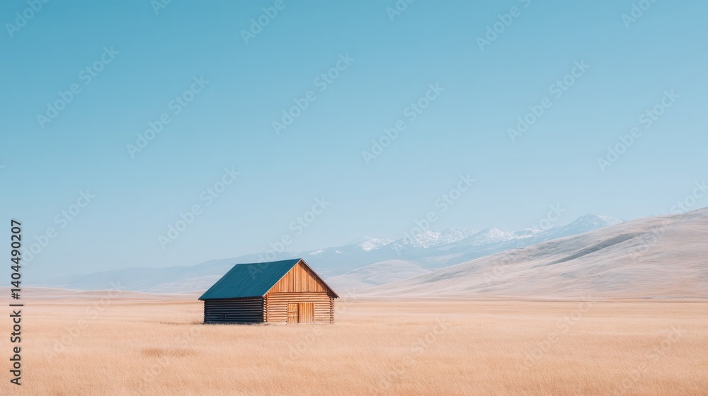 Poster minimalistic image of rustic wooden barn standing in vast open field with backdrop of clear blue sky