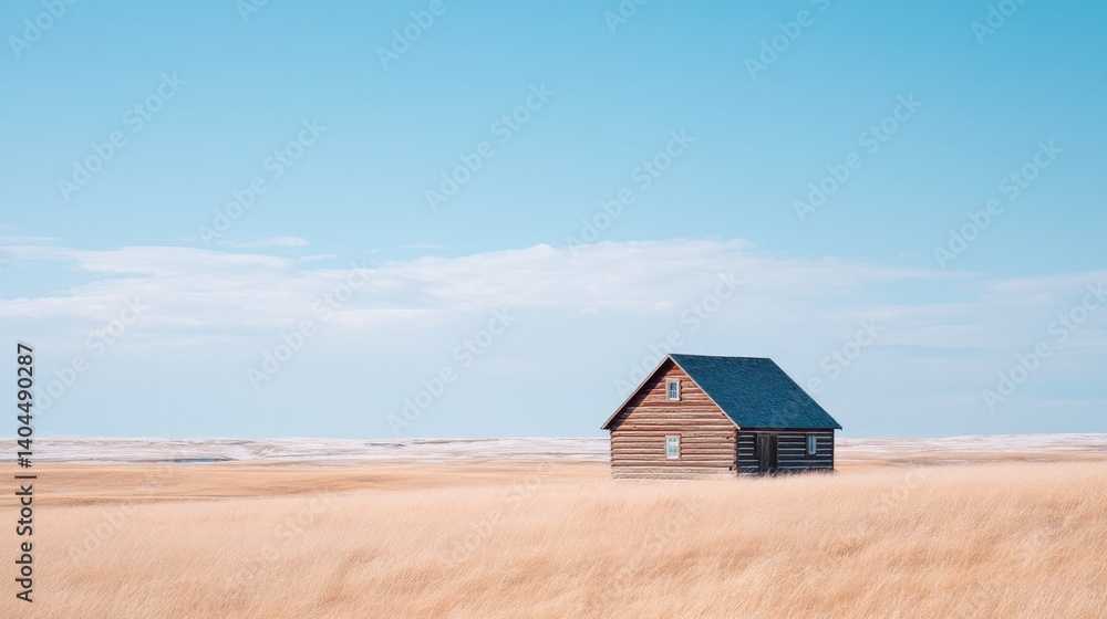 Poster minimalistic image of rustic wooden barn standing in vast open field with backdrop of clear blue sky