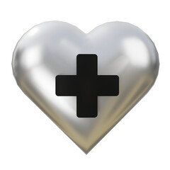 Obraz premium Silver Heart with Plus Sign Healthcare and Medical Symbol 3D Silver Metallic Concept Materials