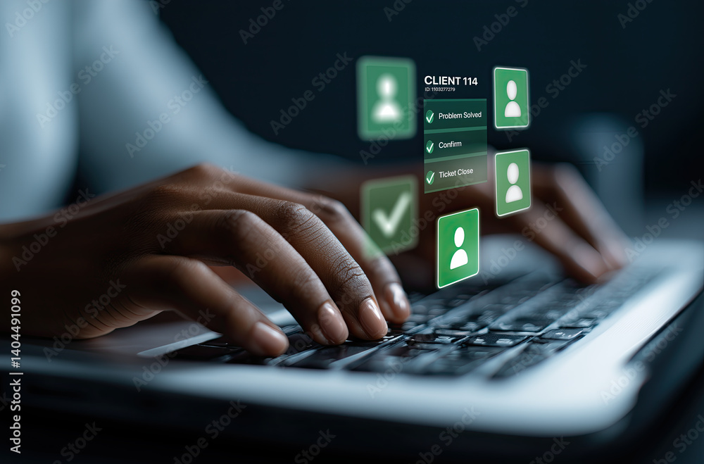Poster person typing on laptop with floating icons representing online form processing