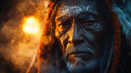 Intense Shaman Gaze: Mystical Close-Up of a Spiritual Leader in Deep Trance