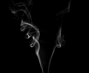 Close-up photo set of abstract white smoke or incense sticks floating on black background. Fog and...