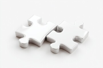 Two shiny white puzzle pieces interlocking on a plain background.