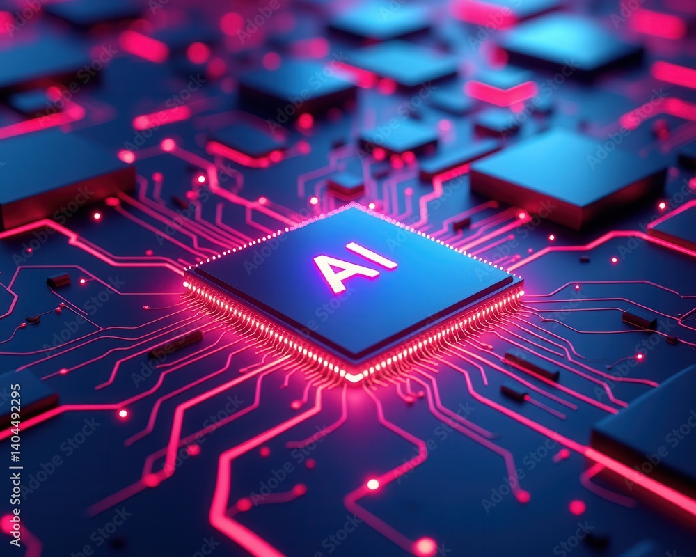 Aufkleber a glowing ai microchip surrounded by intricate circuitry, illuminated with vibrant pink and blue lig