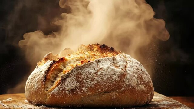 Dramatic crust explosion of freshly baked bread on wooden board, Freshly baked bread with dramatic crust explosion, steam rising