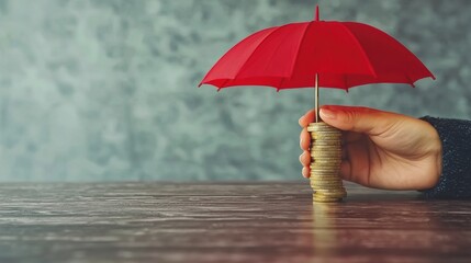 Protecting your wealth financial security with a red umbrella over coins indoor setup close-up perspective
