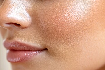 Fototapeta premium This image showcases a close-up view of skin, highlighting the texture and tone of the complexion The focus is on the delicate details of the skin's surface, capturing the subtle variations in color