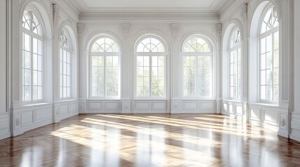 Elegant White Room with Large Arched Windows and Hardwood Floor