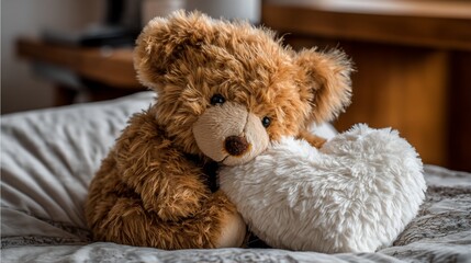 Fluffy brown teddy bear hugs white heart pillow