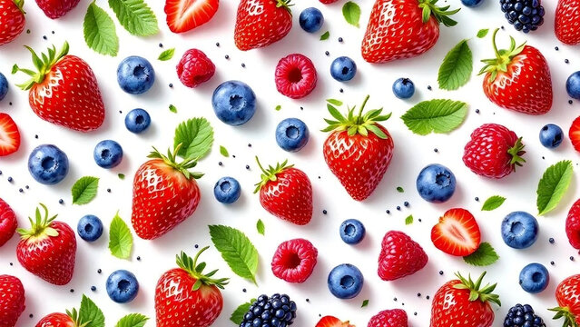 Delicious seamless patterns feature red ripe strawberries, fresh berries, and sweet Easter eggs
