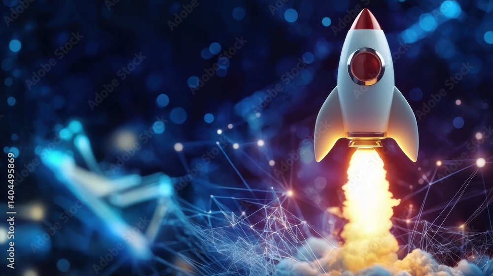 Poster launch event of a rocket outer space digital art futuristic dynamic viewpoint innovation concept