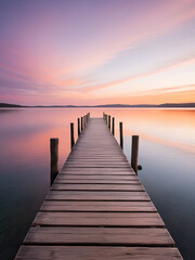 Fototapeta premium Quiet lakeside pier with wooden planks extending into calm water under a soft pink and orange sky