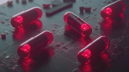 Exploring red pill capsules on circuit board product photography high-tech environment close-up perspective