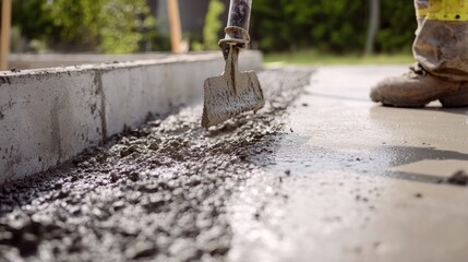Fototapeta premium Concrete worker pouring cement for a driveway. Featuring concrete work and outdoor construction