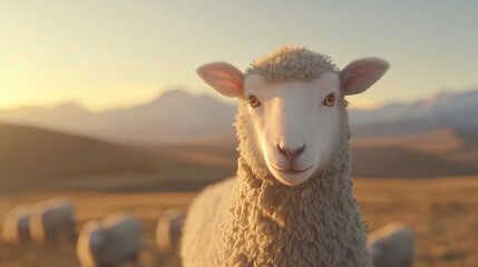 Fototapeta premium A Solitary Sheep Gazes Intently at the Camera During Golden Hour, Surrounded by a Blurred