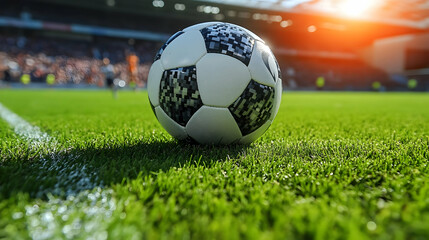 Fototapeta premium Closeup of Soccer Ball on Lush Green Field at Stadium