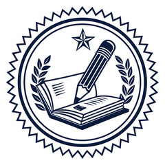 Seal of Education with Book and Pencil - Academic Achievement Concept - Vector Illustration