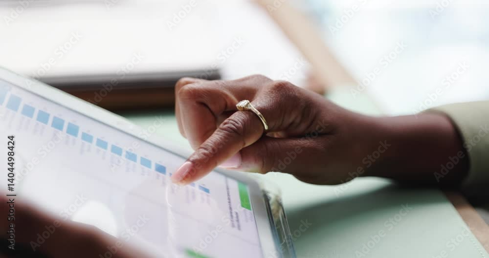 Aufkleber Hands, tablet and screen with graphs, revenue and review for company sales or data analysis in office. Tech, ux and person for report of statistics, finance and profit with ui and business analytics