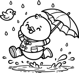 Duckling Rainy Day Adventure. Coloring Book Page. Cartoon Illustration.	
