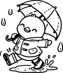 Duckling Rainy Day Adventure. Coloring Book Page. Cartoon Illustration.	