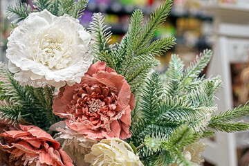 Christmas bouquet with white and pink flowers. Festive mood