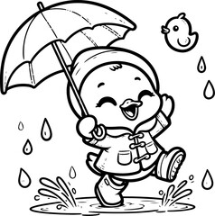Duckling Rainy Day Adventure. Coloring Book Page. Cartoon Illustration.	