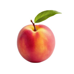 A ripe juicy peach with a mix of red yellow and green hues. A peach has a glossy surface and a fresh green leaf still attached to the stem showcasing its natural just picked