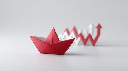 Vibrant red origami paper boats leading a group of smaller white paper boats creating a minimalist conceptual image about leadership strategy and navigating challenges