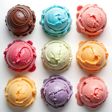 Colorful Ice Cream Scoops in 3x3 Grid &ndash; Vibrant Flavors on White Background