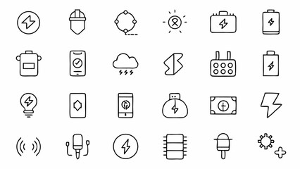 Minimalist charging icon set featuring energy and electric symbols great for use in technology apps eco solutions and infographics