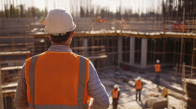 Construction foreman supervising workers at a construction site. Featuring leadership and site management