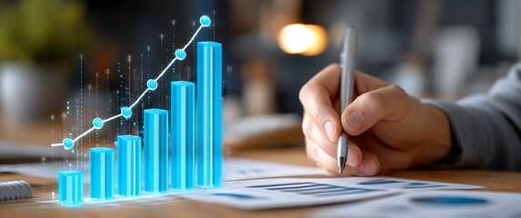 Hand writes on papers,  glowing bar graph shows growth