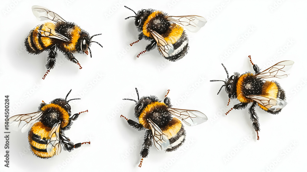 Poster four pixelated bumblebees on a white background in a top down view displaying intricate details and 