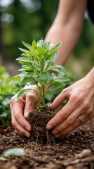 Fototapeta premium Hands gently planting a seedling into rich soil