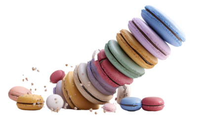 Colorful macarons stacked with some broken pieces around them. transparent background