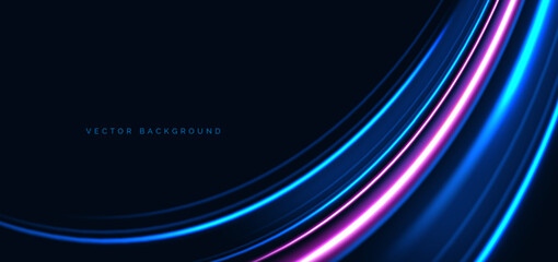 Blue and pink curved rays glowing on dark background. Speed motion moving concept.