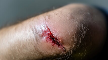 Close-up of fresh bleeding wound with oozing red blood on human inner thigh, showing detailed skin texture with sparse body hairs and mild inflammatory pinkish discoloration. Medical injury concept fo