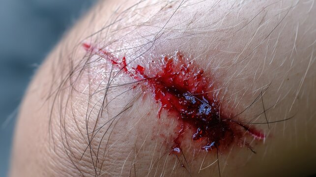 Close-up of fresh bleeding wound with oozing red blood on human inner thigh, showing detailed skin texture with sparse body hairs and mild inflammatory pinkish discoloration. Medical injury concept fo
