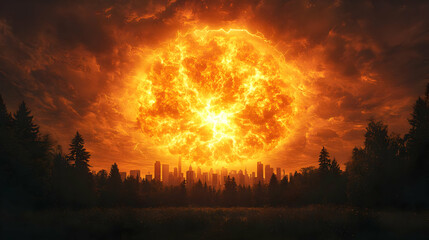 Obraz premium Fiery Orange Sun Exploding Over Silhouetted Cityscape