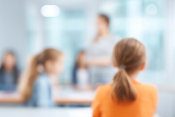 teacher and students engaged in interactive learning with blurred people in background embodying sense of focused concentration
