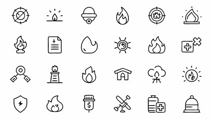 Professional Line Style Icons Representing Fire Safety Equipment Firefighting Actions and Emergency Alerts