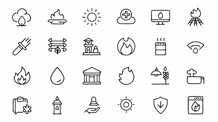 Creative Fire Protection Icons in Outline Style for Firefighting Equipment Diagrams and Hazard Labels
